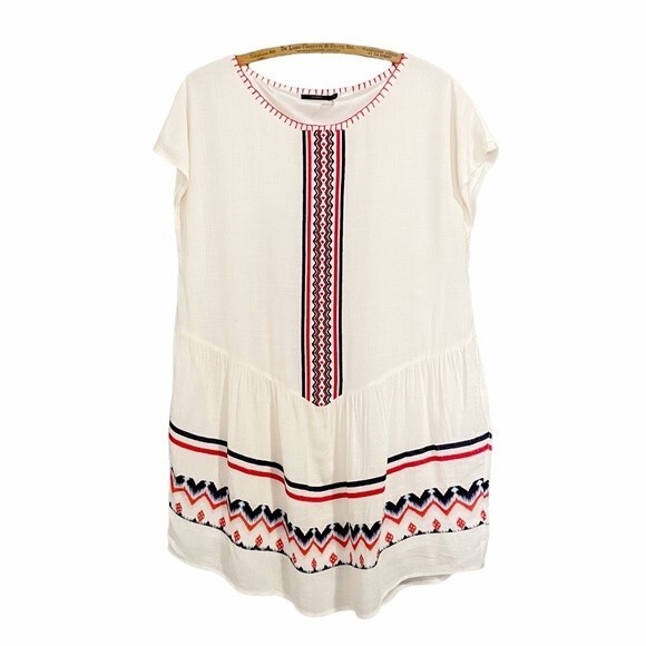 THML Mini Dress Women's Size Medium Cream Boho Tribal Embroidered Dropped Waist - Picture 1 of 8